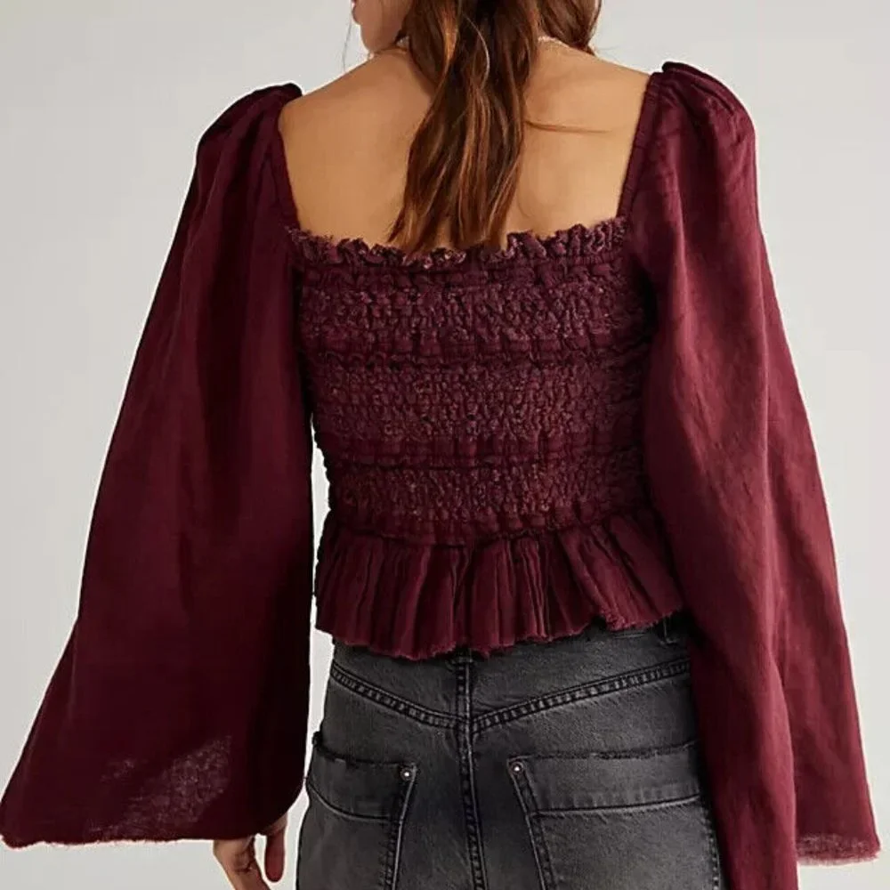 Free People FP One Rory Top Plum Jam Square Neck Smocked  XS NWT